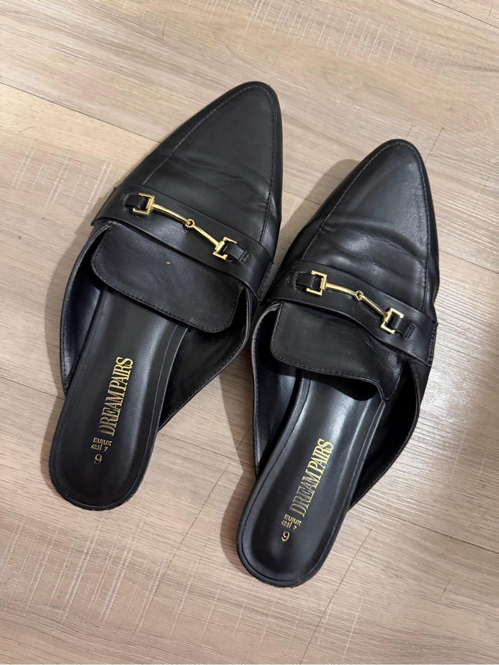 Dream Pairs Black Leather Slip-On Mules with Gold Bit Accent